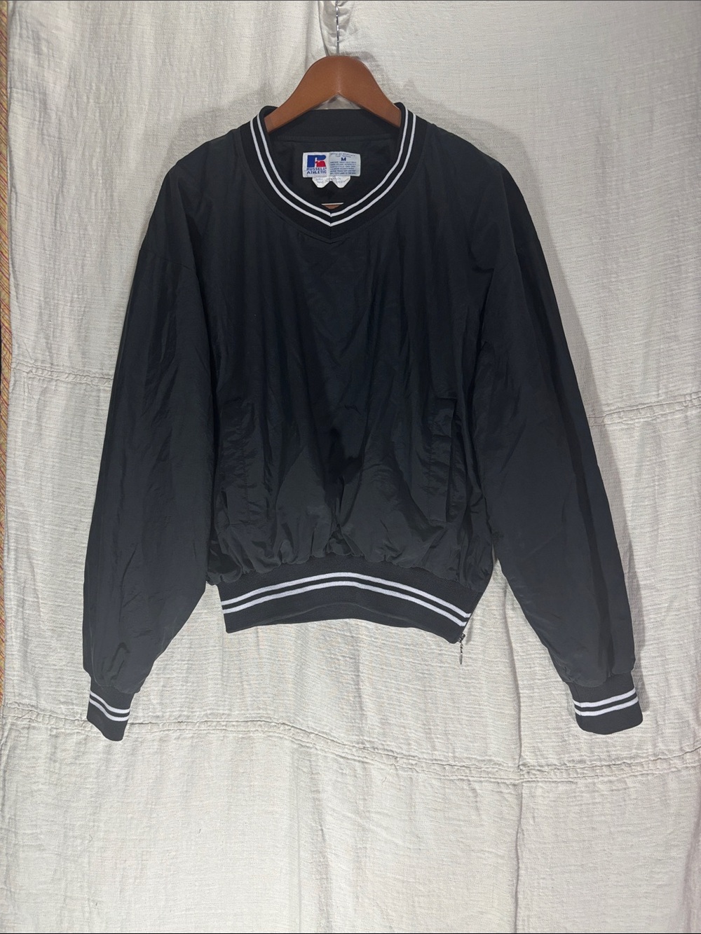 Vintage 90s Russell Athletic V-Neck Pullover Windbreaker Black Medium